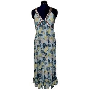 Hanna G. Womens Dress L Blue & Green 100% Silk Maxi Circle Print Fairy Resort